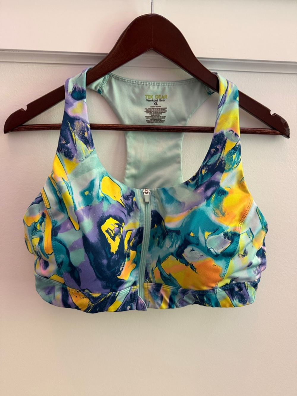 Tek Gear Zip Front Racerback Sports Bra • Abstract Blue Green Yellow • XL • GPC